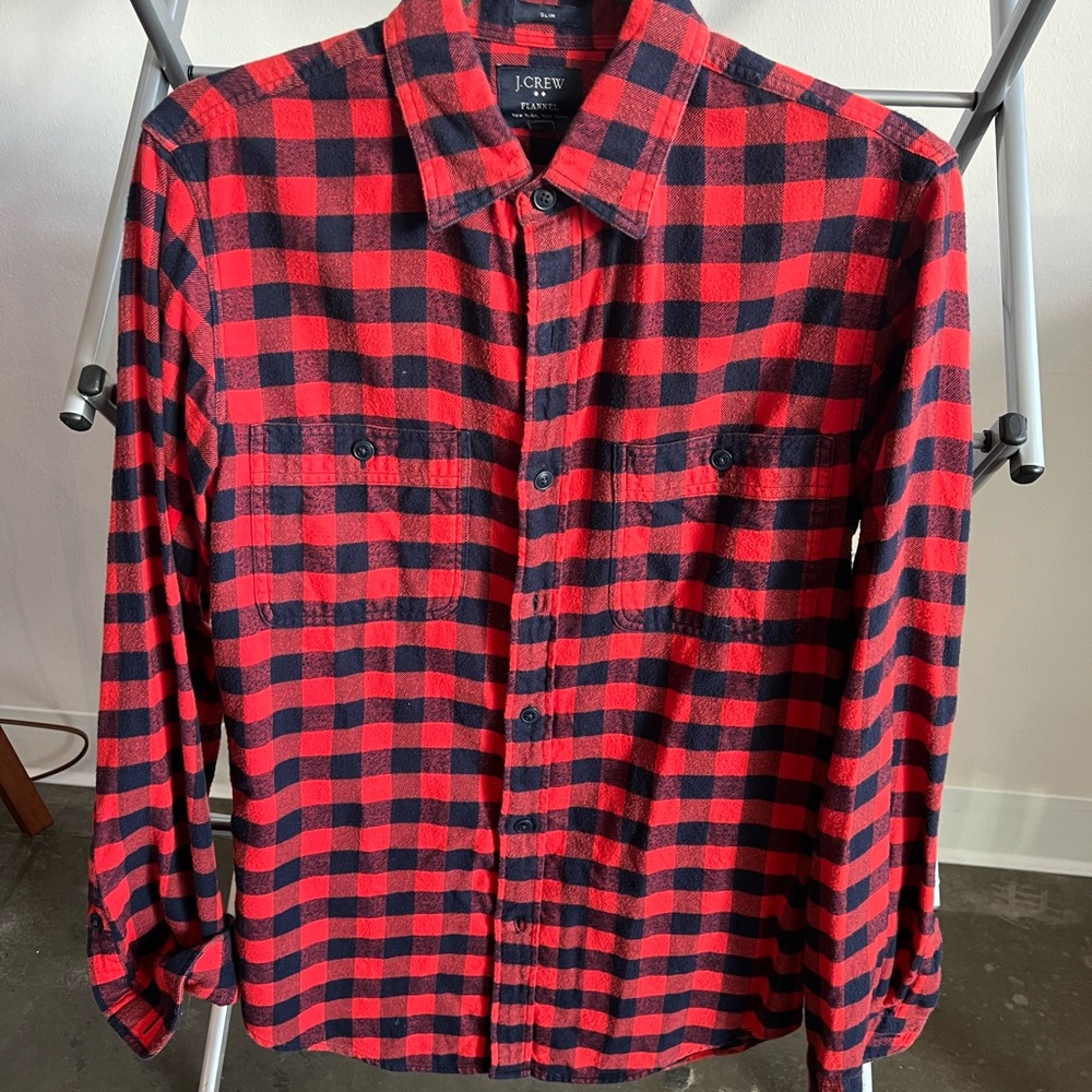 J. Crew Men's Buffalo Flannel Red and Navy Plaid Shirt